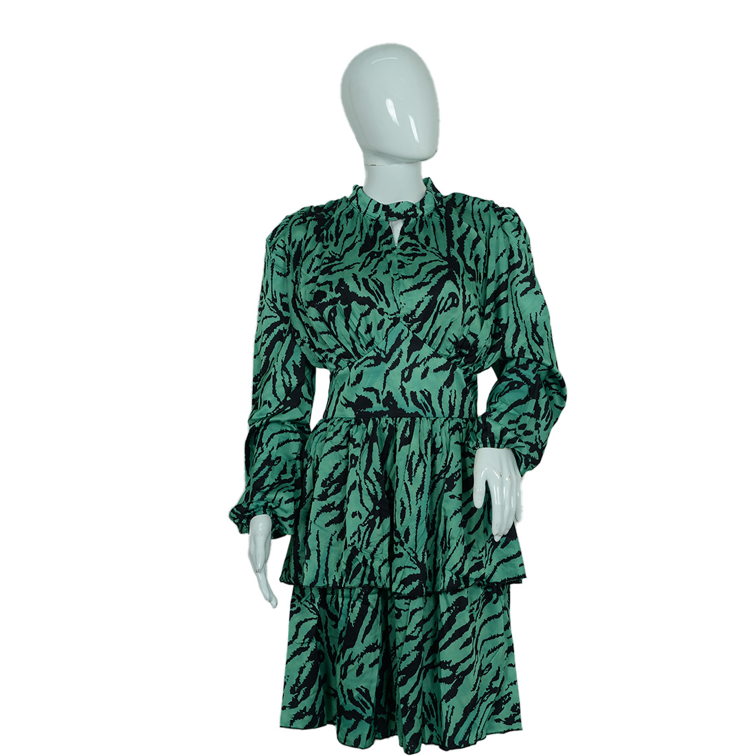 Zebra Shirred Frill Long Sleeve Mini Dress