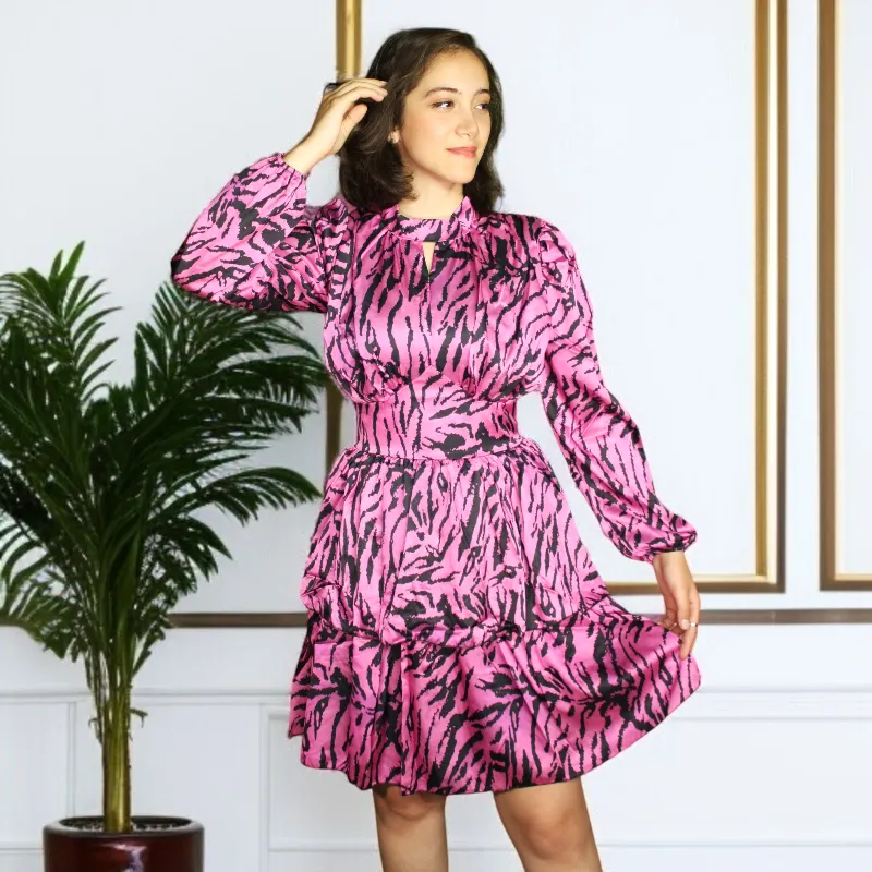 Zebra Shirred Frill Long Sleeve Mini Dress