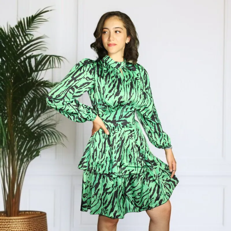 Zebra Shirred Frill Long Sleeve Mini Dress