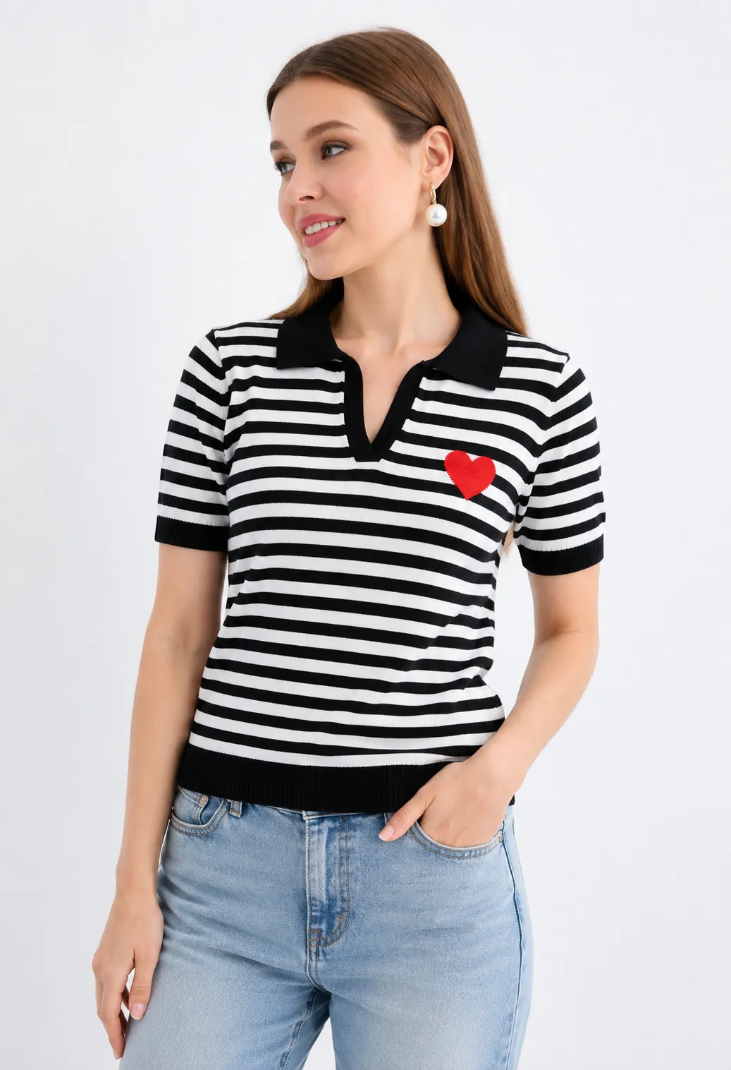 Park Karon Women's Knit Polo T-Shirt Heart Embroidery Short Sleeve Black & White Striped