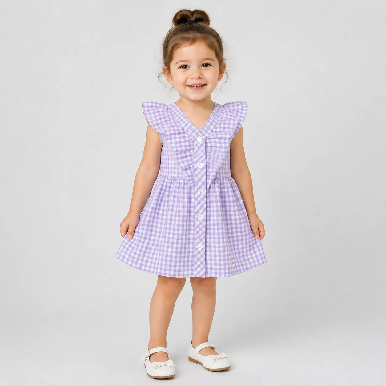 Kidex’s Girls’ Gingham Summer Dress with Ruffle Details & Button Front – purple color option