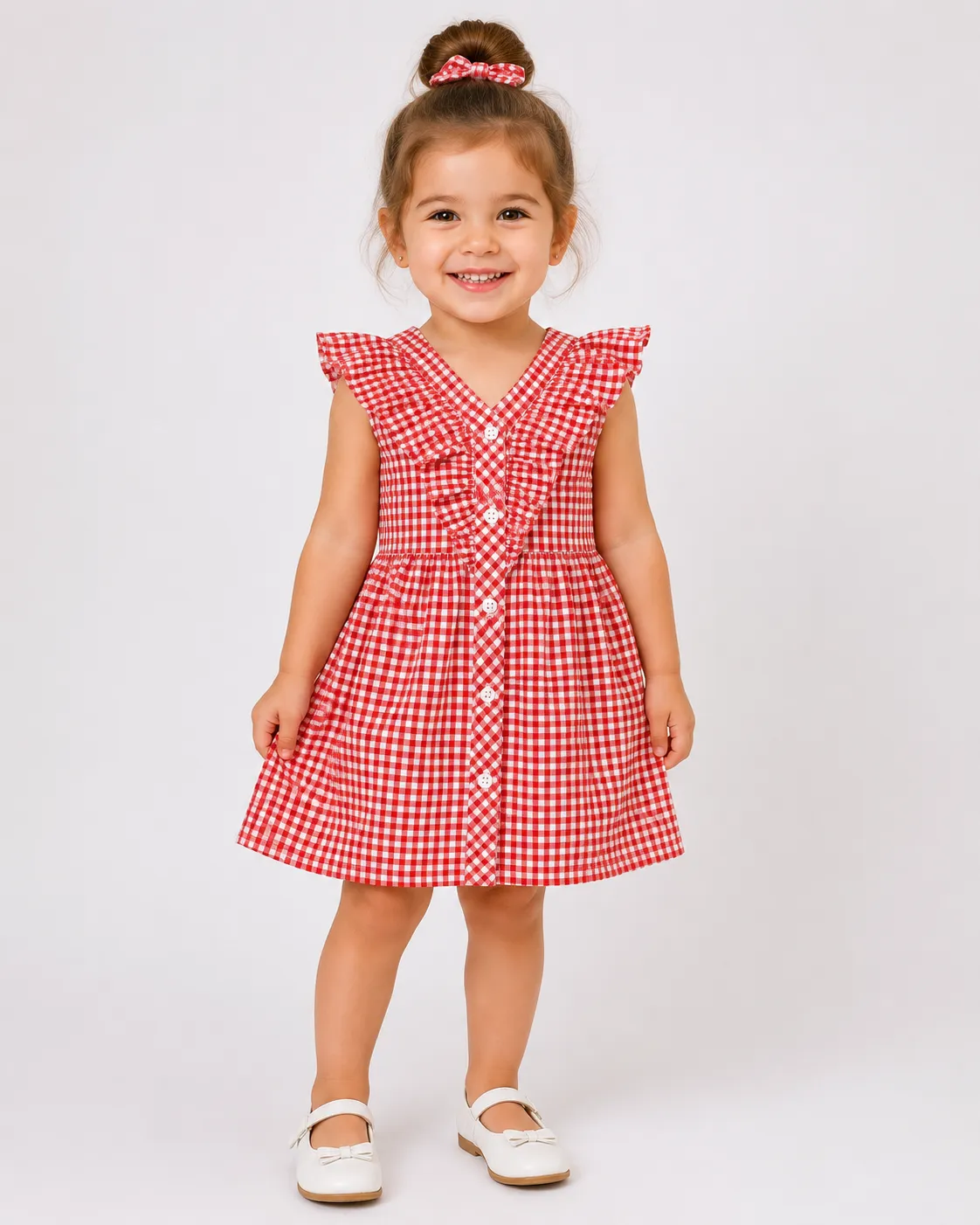 Kidex’s Girls’ Gingham Summer Dress with Ruffle Details & Button Front – red color option