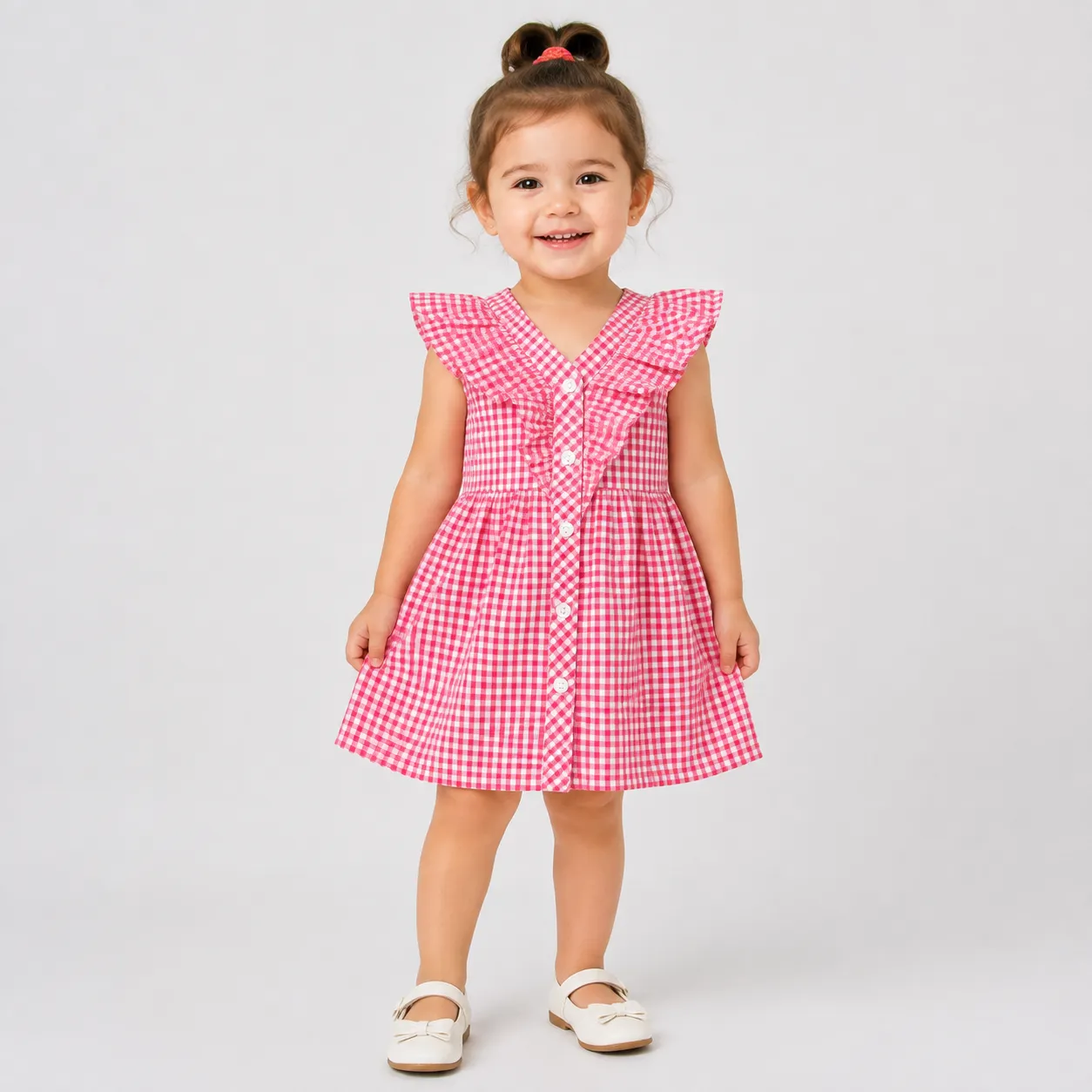 Kidex’s Girls’ Gingham Summer Dress with Ruffle Details & Button Front – pink color option