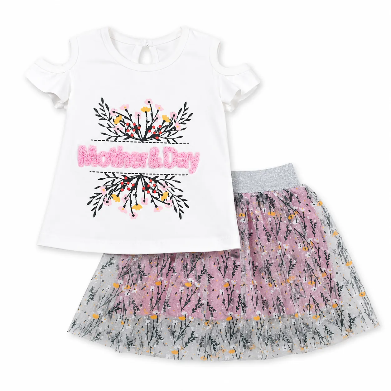 Beyaz Bebek Baby Girls T-Shirt & Skirt Set – Cold Shoulder – Floral Tulle – pink