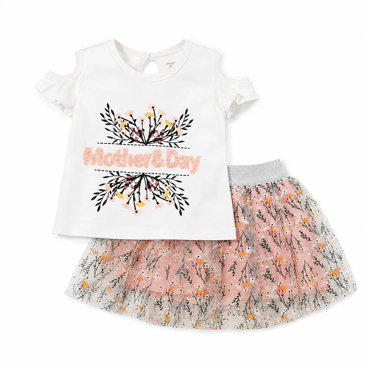 Beyaz Bebek Baby Girls T-Shirt & Skirt Set – Cold Shoulder – Floral Tulle – White