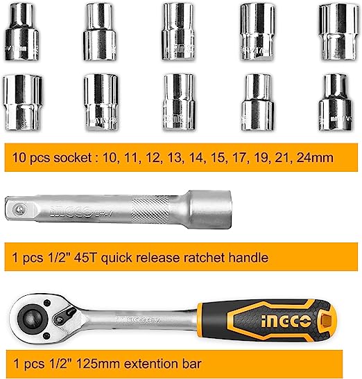 Ingco Socket Quick Release Ratchet Wrench Tool Set (1/2in)