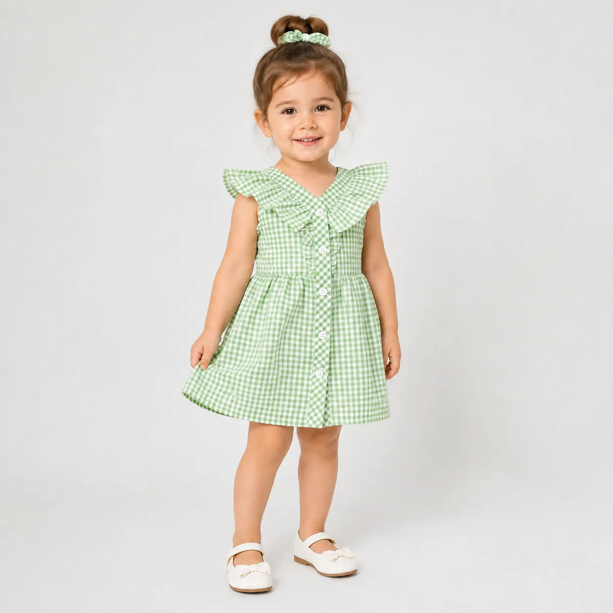 Kidex’s Girls’ Gingham Summer Dress with Ruffle Details & Button Front – green color option