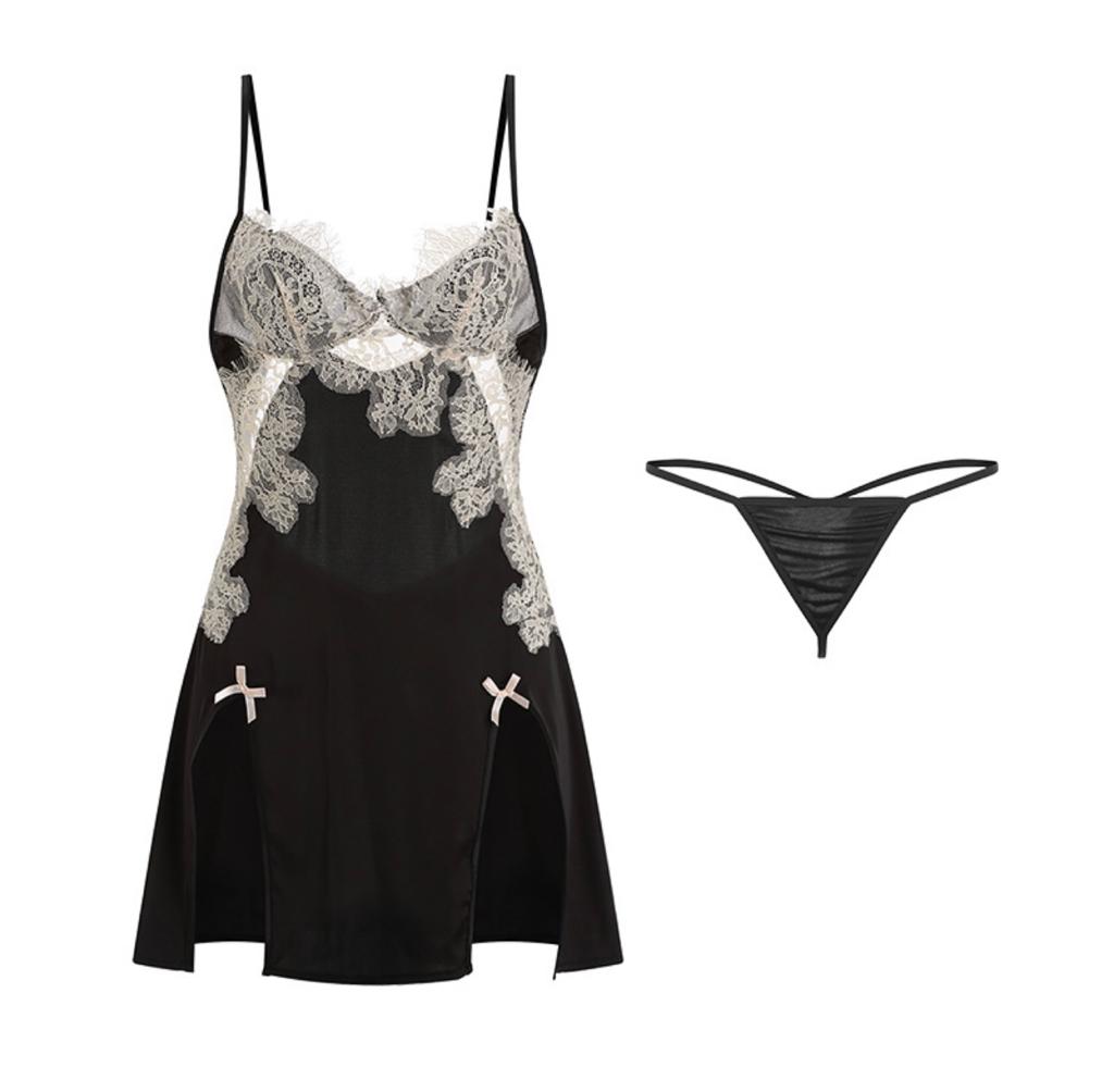Women Sexy Silk Satin Lace Nightgown Suit
