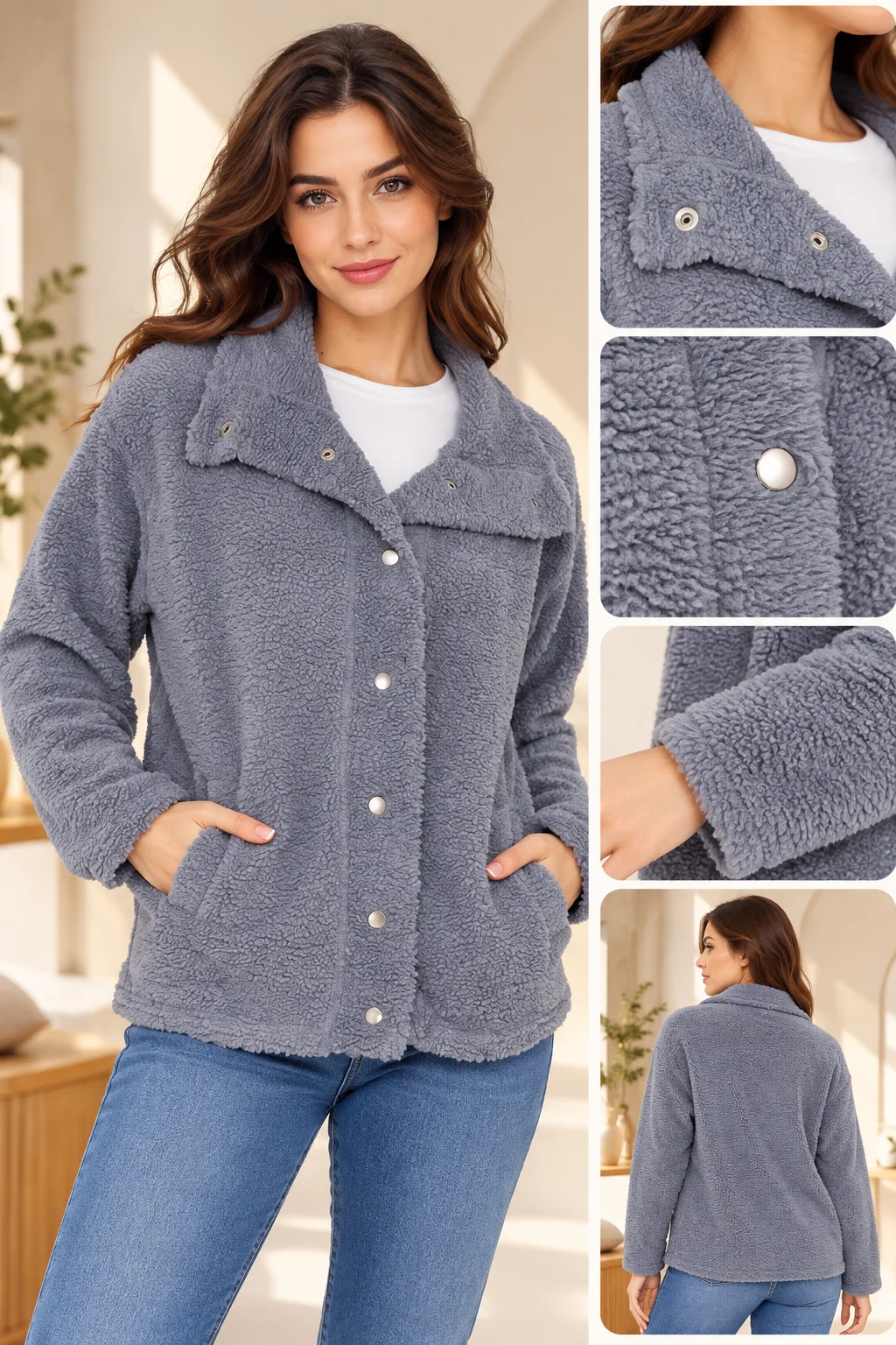 Poncik Women’s Teddy Fleece Button-Up Jacket – Long Sleeve – Gray color option
