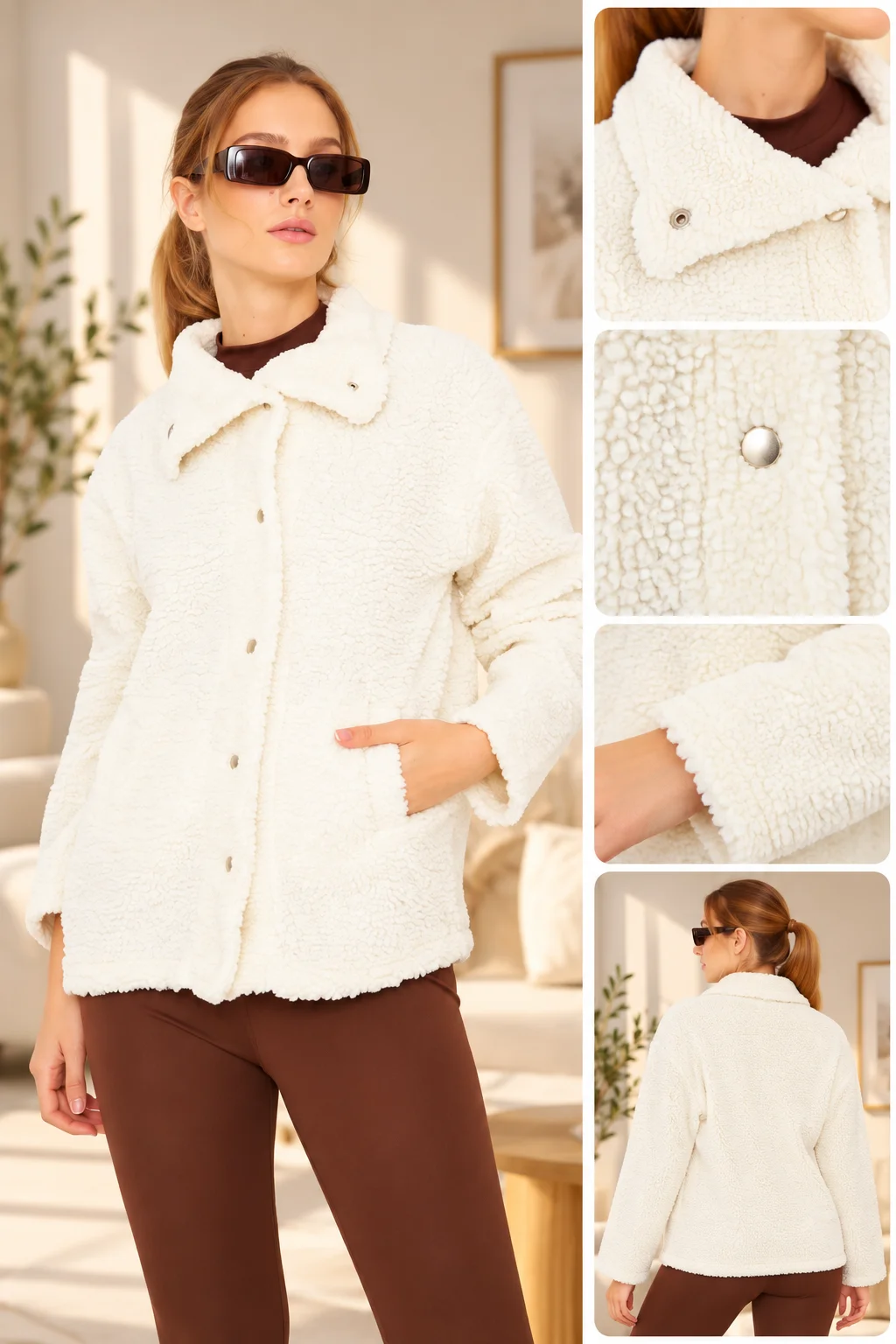 Poncik Women’s Teddy Fleece Button-Up Jacket – Long Sleeve – white color option