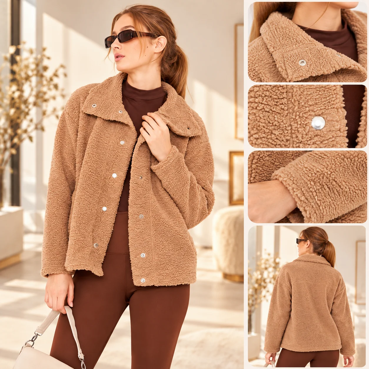 Poncik Women’s Teddy Fleece Button-Up Jacket – Long Sleeve – Camel Brown color option