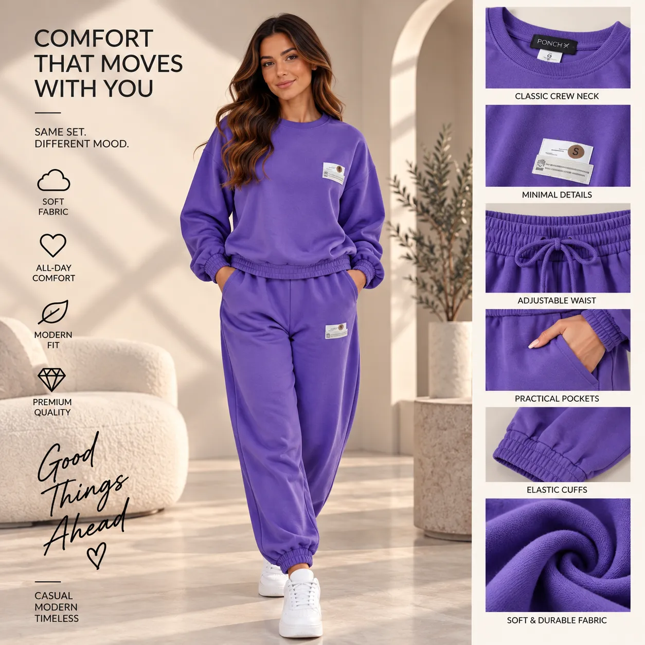 Poncik Women’s Two-Piece Sweatshirt & Jogger Set – Soft Fabric – purple