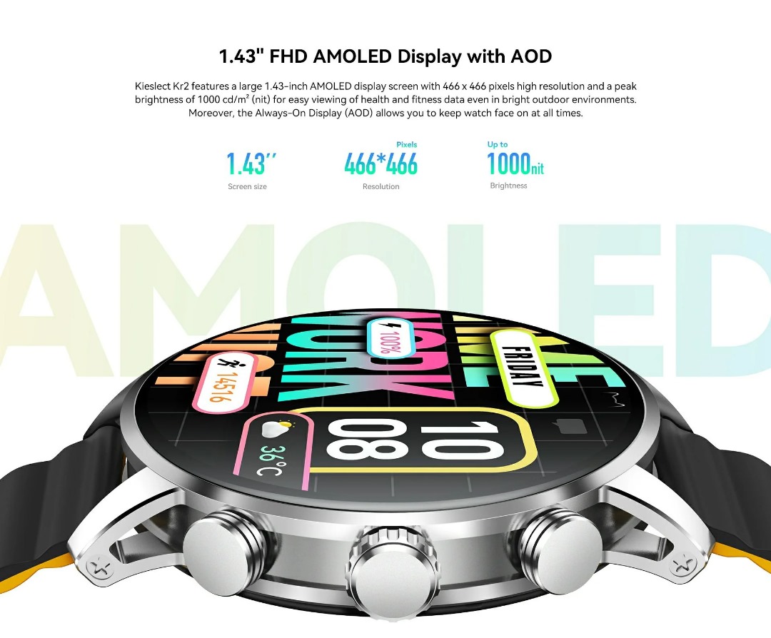 Kieslect KR2 Amoled Display Black Bluetooth Calling Smart Watch