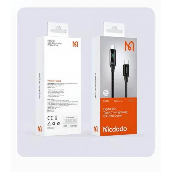 Mcdodo CA-3600 Type-C To Lightning Digital Display iPhone Charging & Data Cable 1.2m - Black