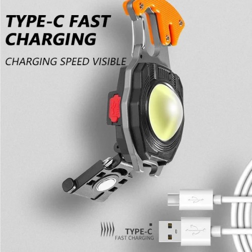 Multifunctional LED Flashlight Keychain, Outdoor Tools, USB Recharge, Work Light with Cigar Lighter, Portable Emergency Multitool
