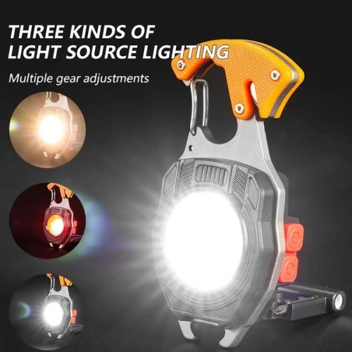 Multifunctional LED Flashlight Keychain, Outdoor Tools, USB Recharge, Work Light with Cigar Lighter, Portable Emergency Multitool