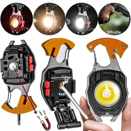 Multifunctional LED Flashlight Keychain, Outdoor Tools, USB Recharge, Work Light with Cigar Lighter, Portable Emergency Multitool