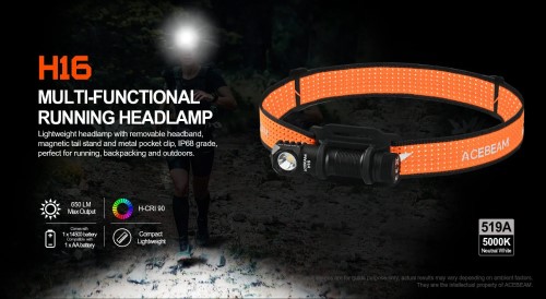 Acebeam H16 Lightweight Running/Fishing Headlamp - Black - 650 Lumens
