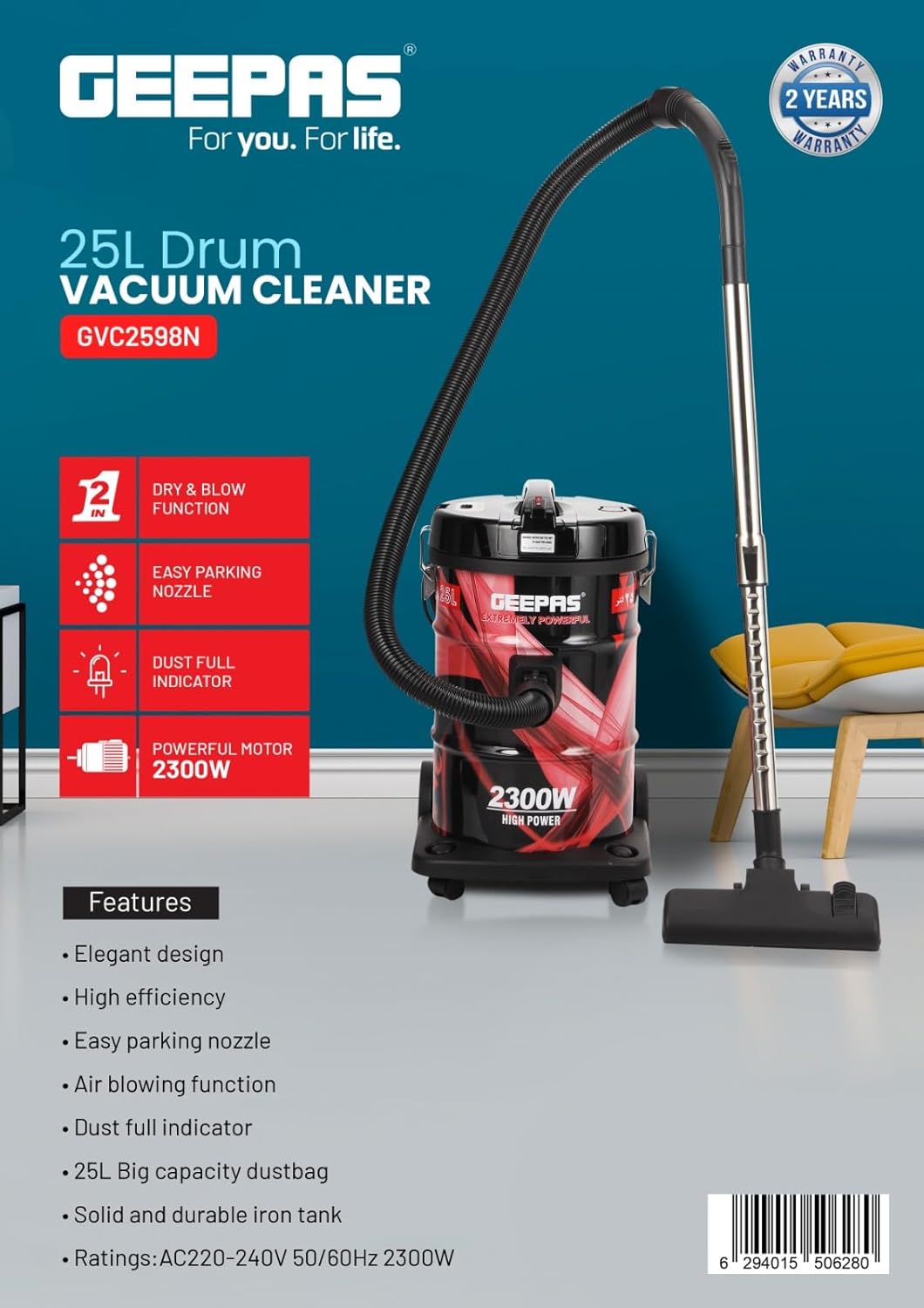 Geepas Drum Vacuum Cleaner 2300w 21l Gvc2598 image 1