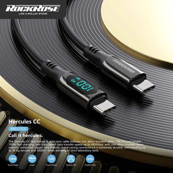 Rockrose Hercules CC Transparent 100W Fast Charging Cable with Digital Power Display