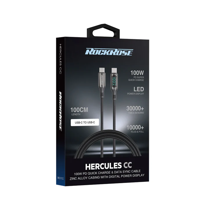 Rockrose Hercules CC Transparent 100W Fast Charging Cable with Digital Power Display