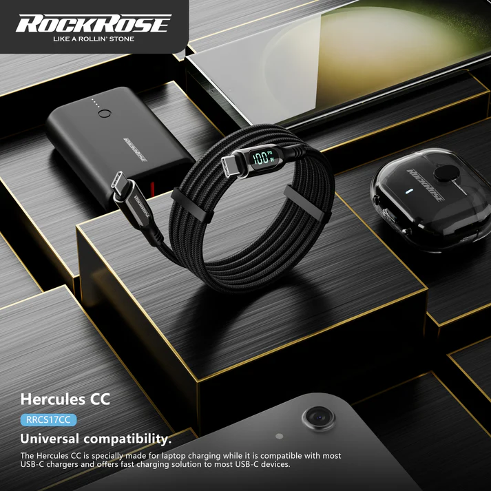 Rockrose Hercules CC Transparent 100W Fast Charging Cable with Digital Power Display