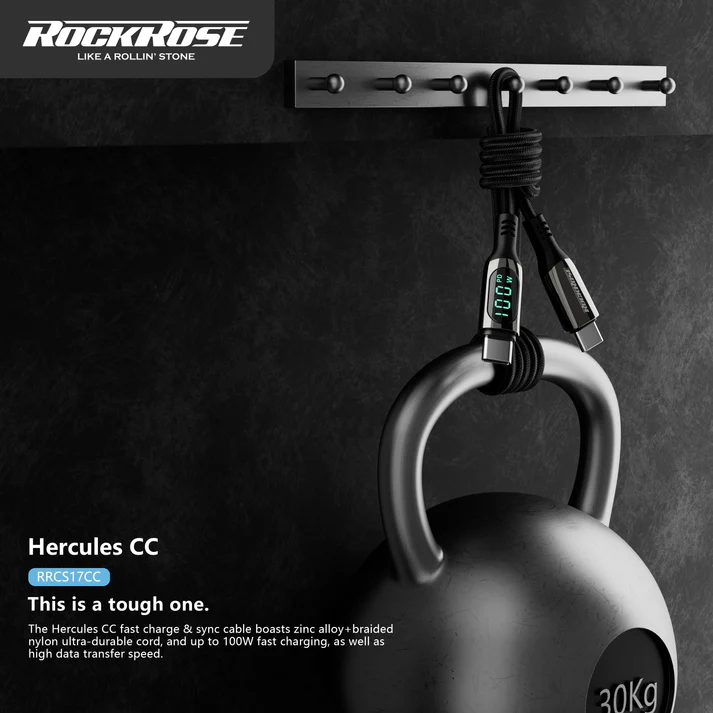 Rockrose Hercules CC Transparent 100W Fast Charging Cable with Digital Power Display