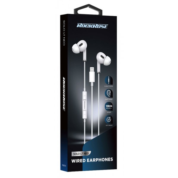 RockRose Solo LT Neo Lightning In-Ear Headphones with DAC - White, 120cm