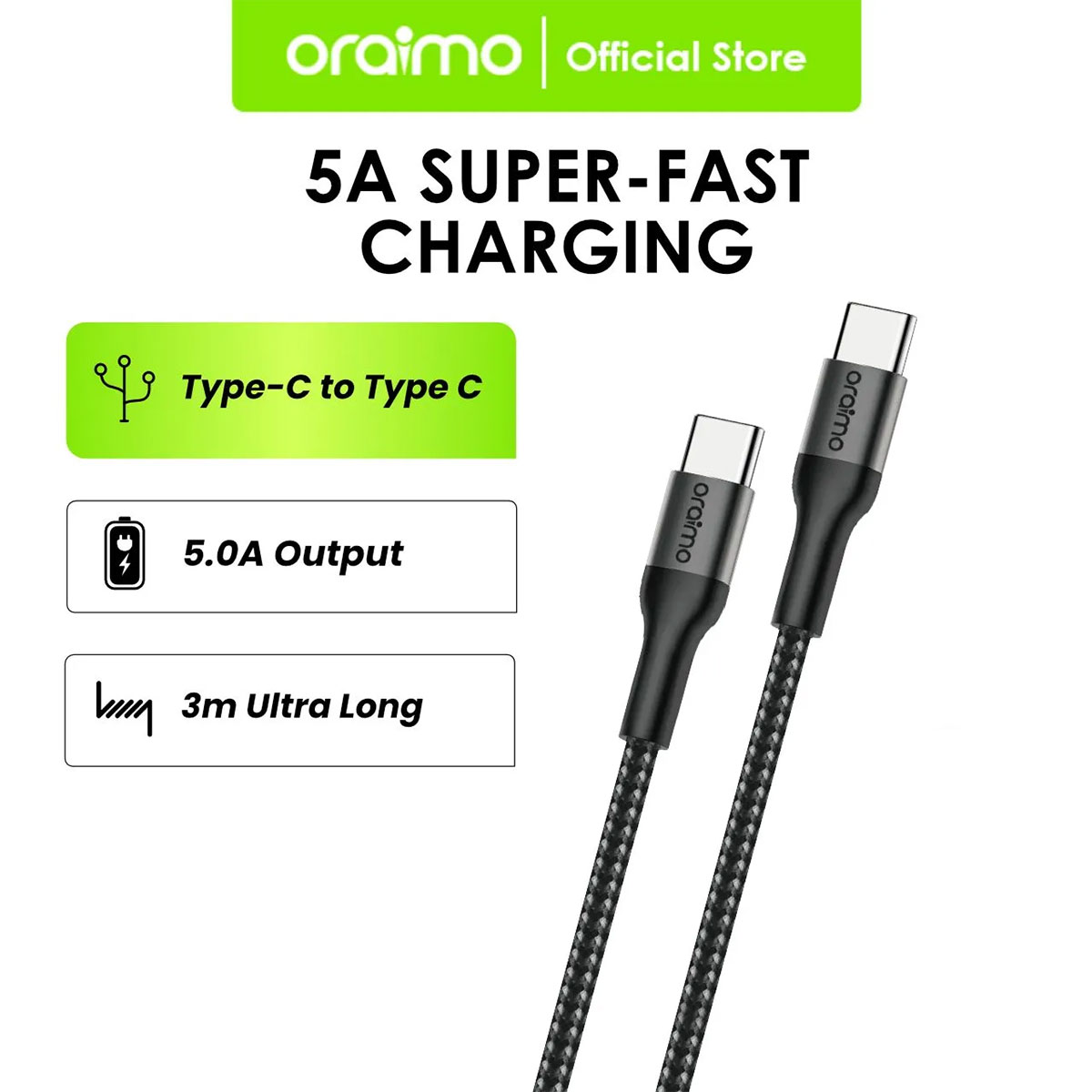 Oraimo Data Cable Type C 100W 5A Super Fast Charging Quick Charge 3m