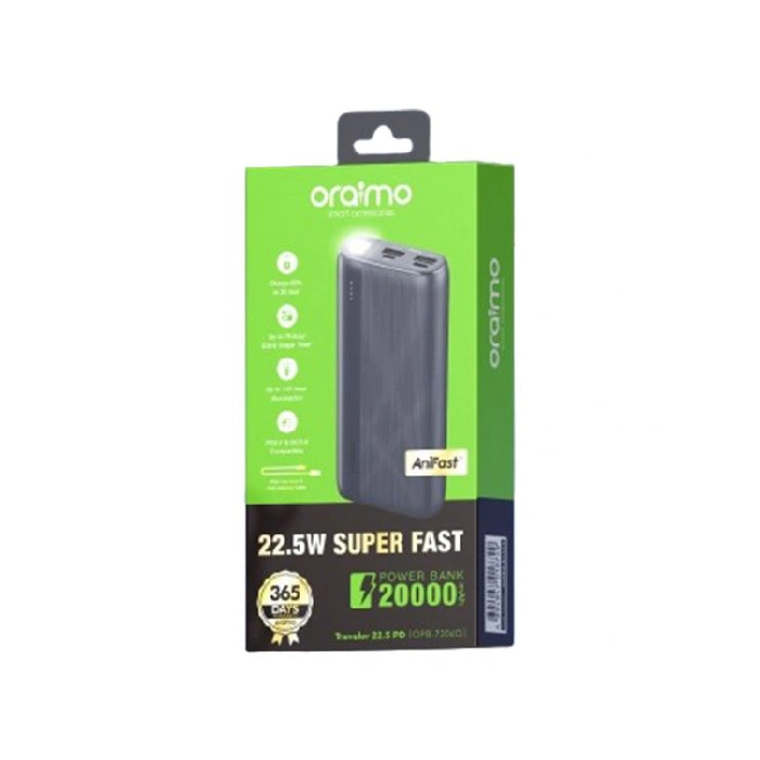 Oraimo Power Bank, 20000mAh, 3 Ports, Black - OPB-7204Q