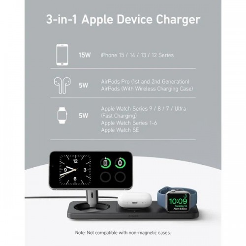 Anker MagGo Wireless Charging Station 3-in-1 Qi2 15W -  Black