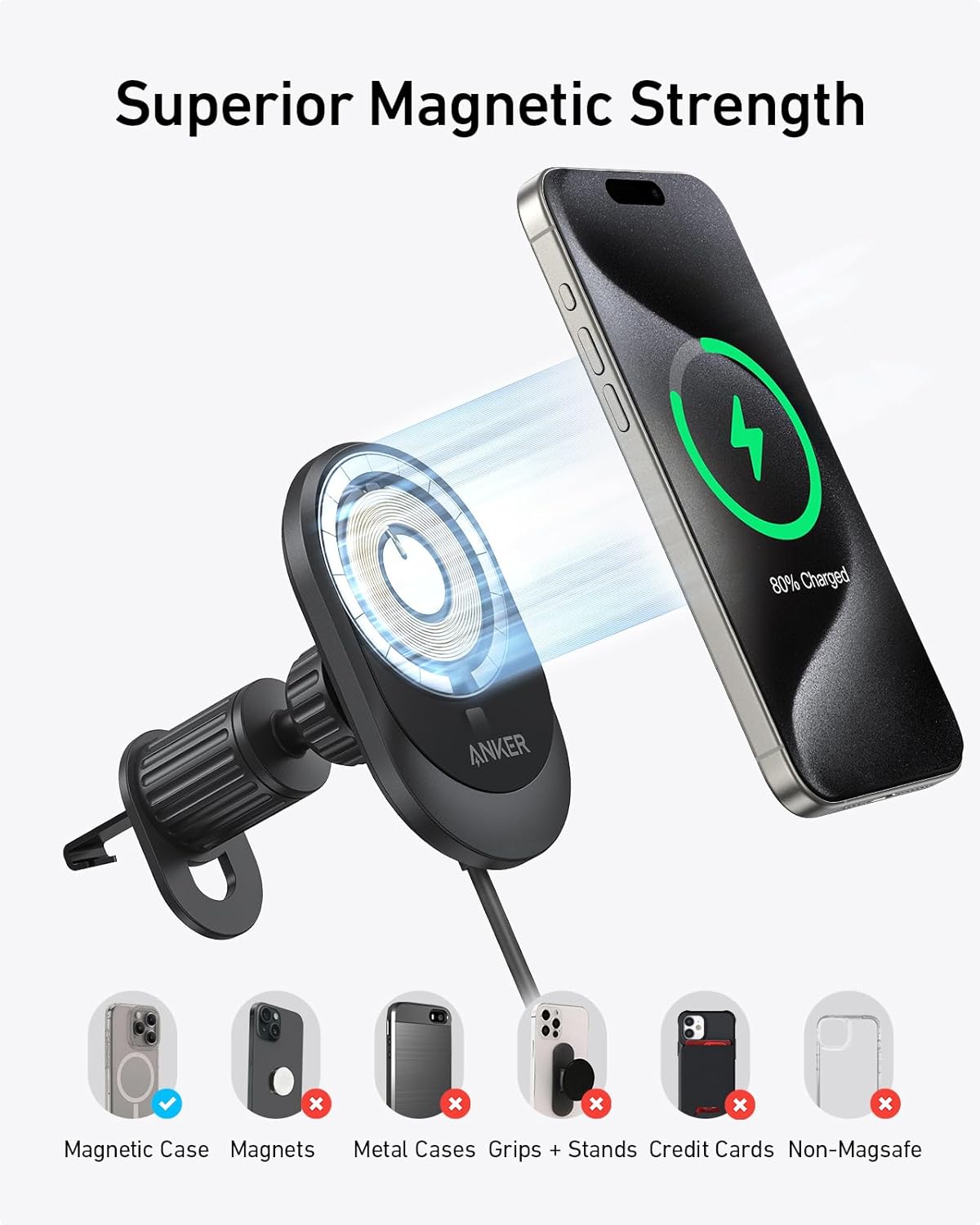 Anker MagSafe Car Charger 15W Qi2 With 360° Phone  Holder