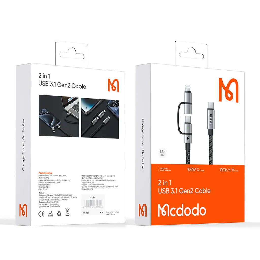 2 in 1 100W USB 3 Cable USB-C to USB-C+Lightning 1.2m | CA-0450