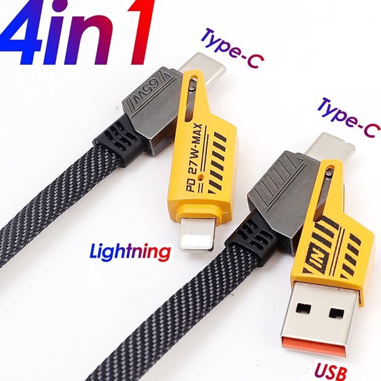 4 in 1 65W Super Fast Charging Mecha Data Cable Convertible Charging Dual Type-c Braided Charging Cable for Micro Usb C Lightning