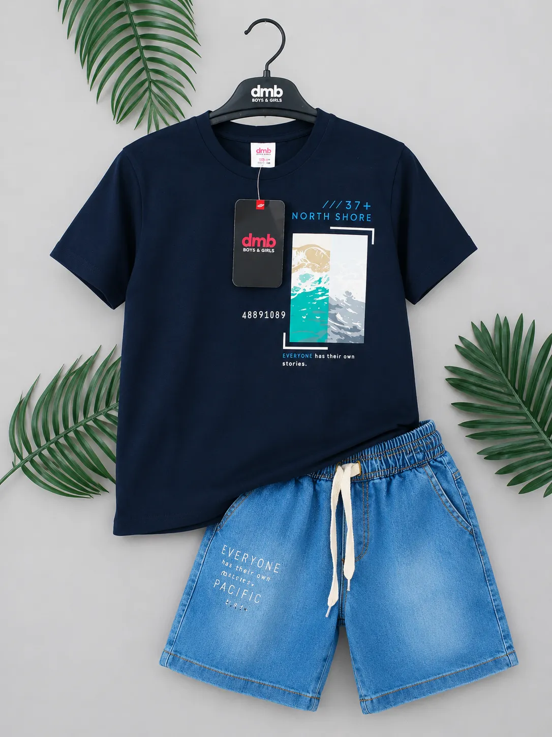 DMB Kids Summer Clothing Set – Short Sleeve Printed T-Shirt & Denim Shorts – 2 Pieces – Navy& Blue