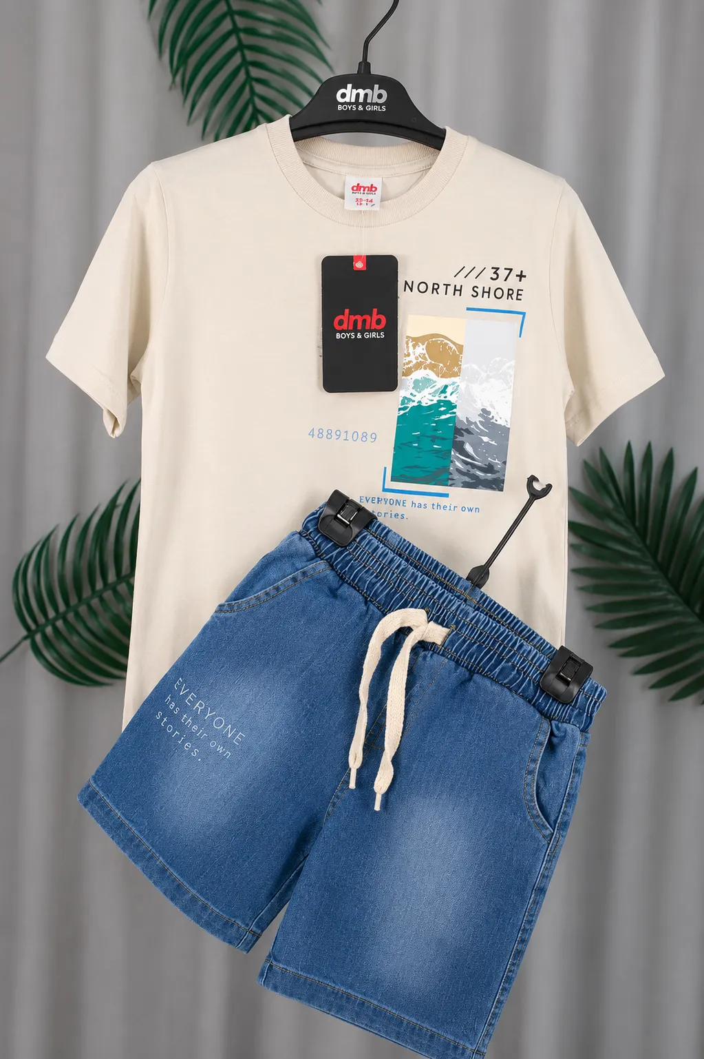 DMB Kids Summer Clothing Set – Short Sleeve Printed T-Shirt & Denim Shorts – 2 Pieces – Cream& Blue color option