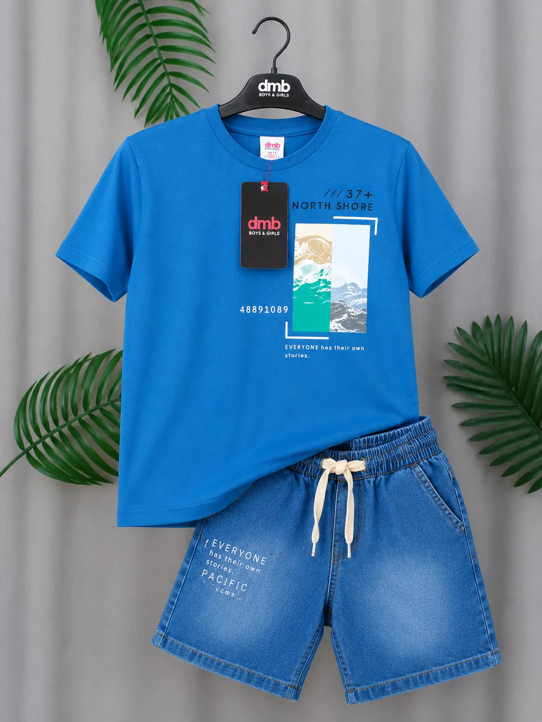 DMB Kids Summer Clothing Set – Short Sleeve Printed T-Shirt & Denim Shorts – 2 Pieces – blue & Blue