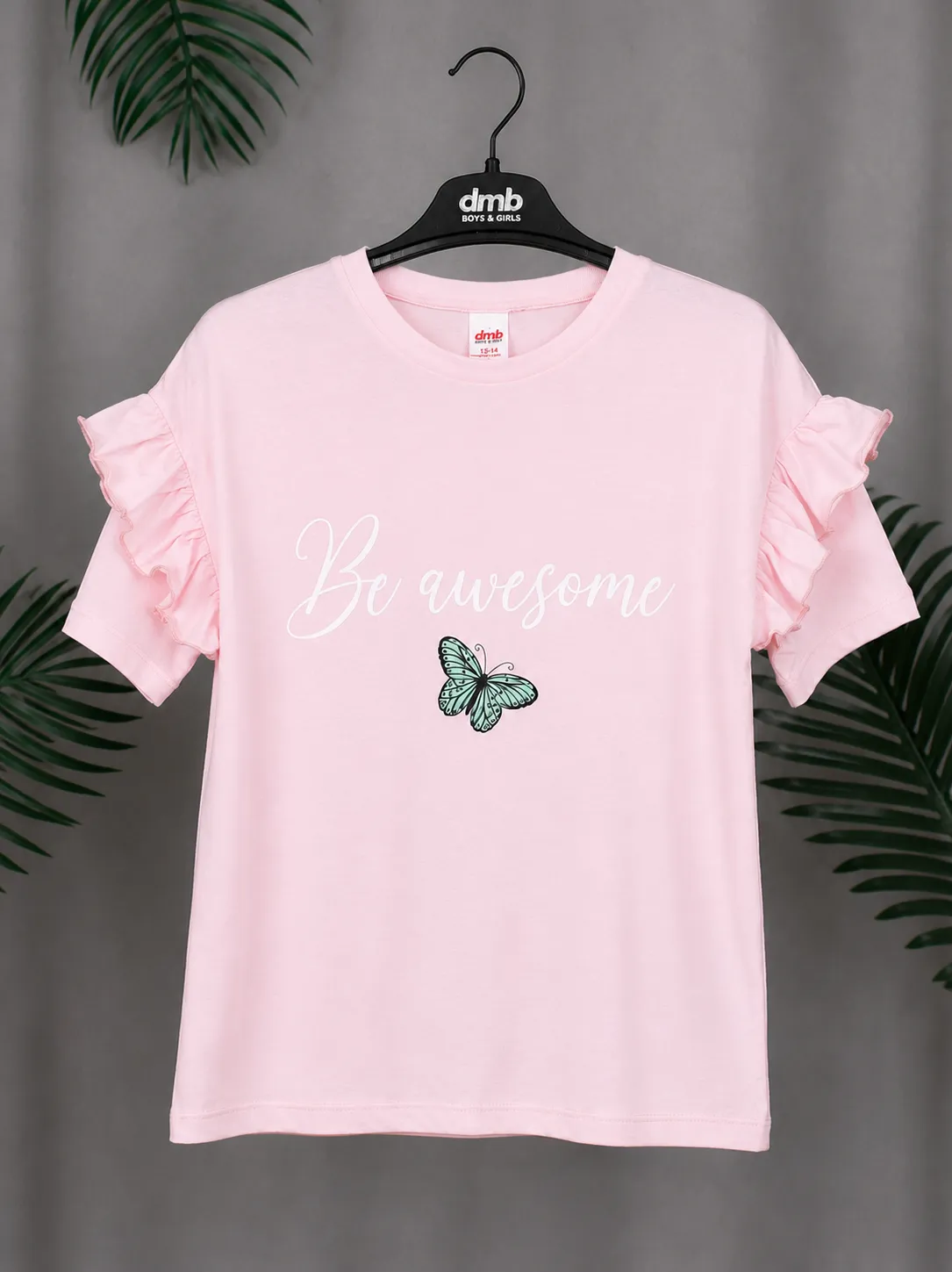 DMB Girls' Ruffle Sleeve T-Shirt – "Be Awesome" Butterfly Print – Short Sleeve –pink color option