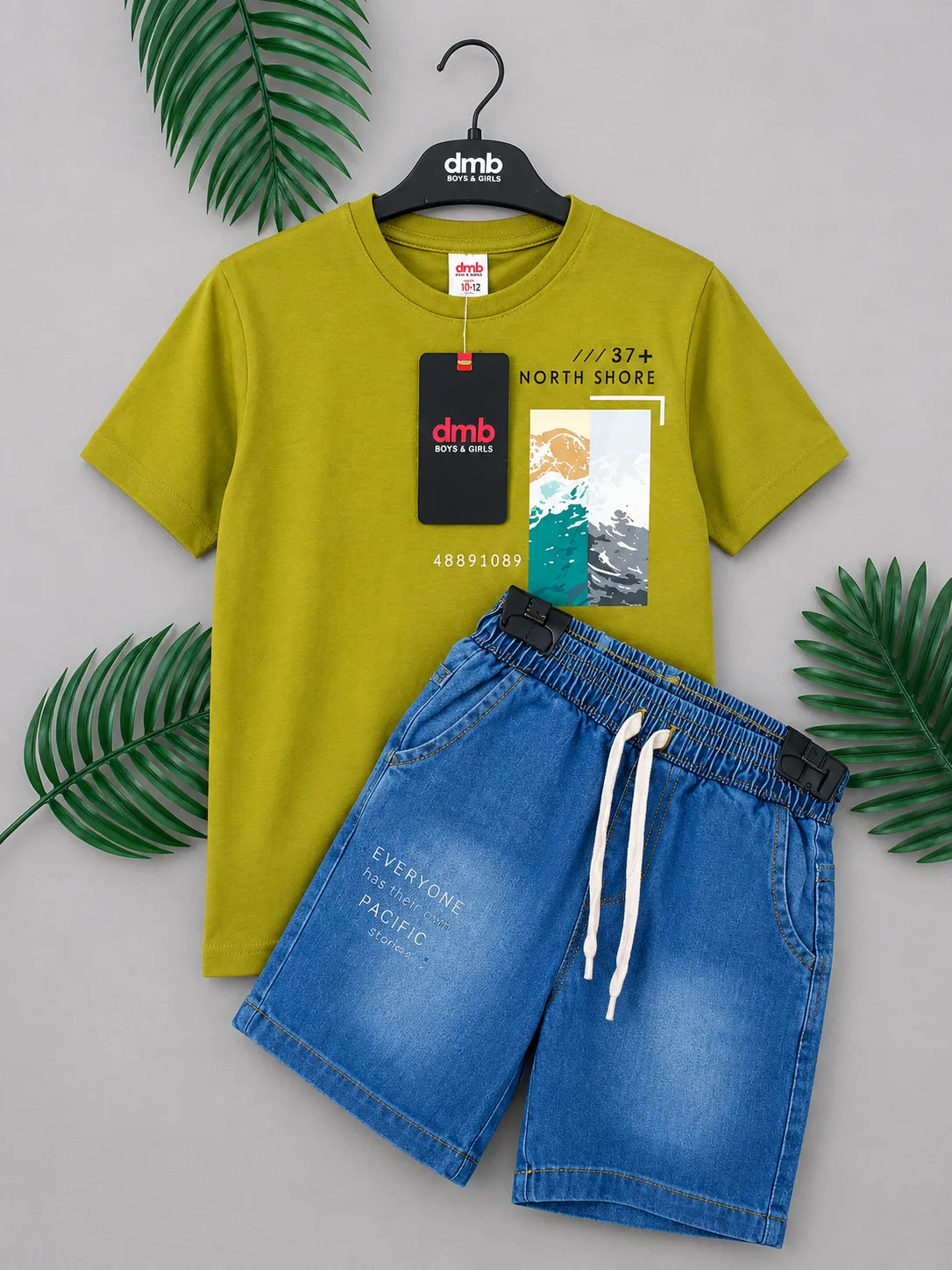 DMB Kids Summer Clothing Set – Short Sleeve Printed T-Shirt & Denim Shorts – 2 Pieces – Acid Green & Blue