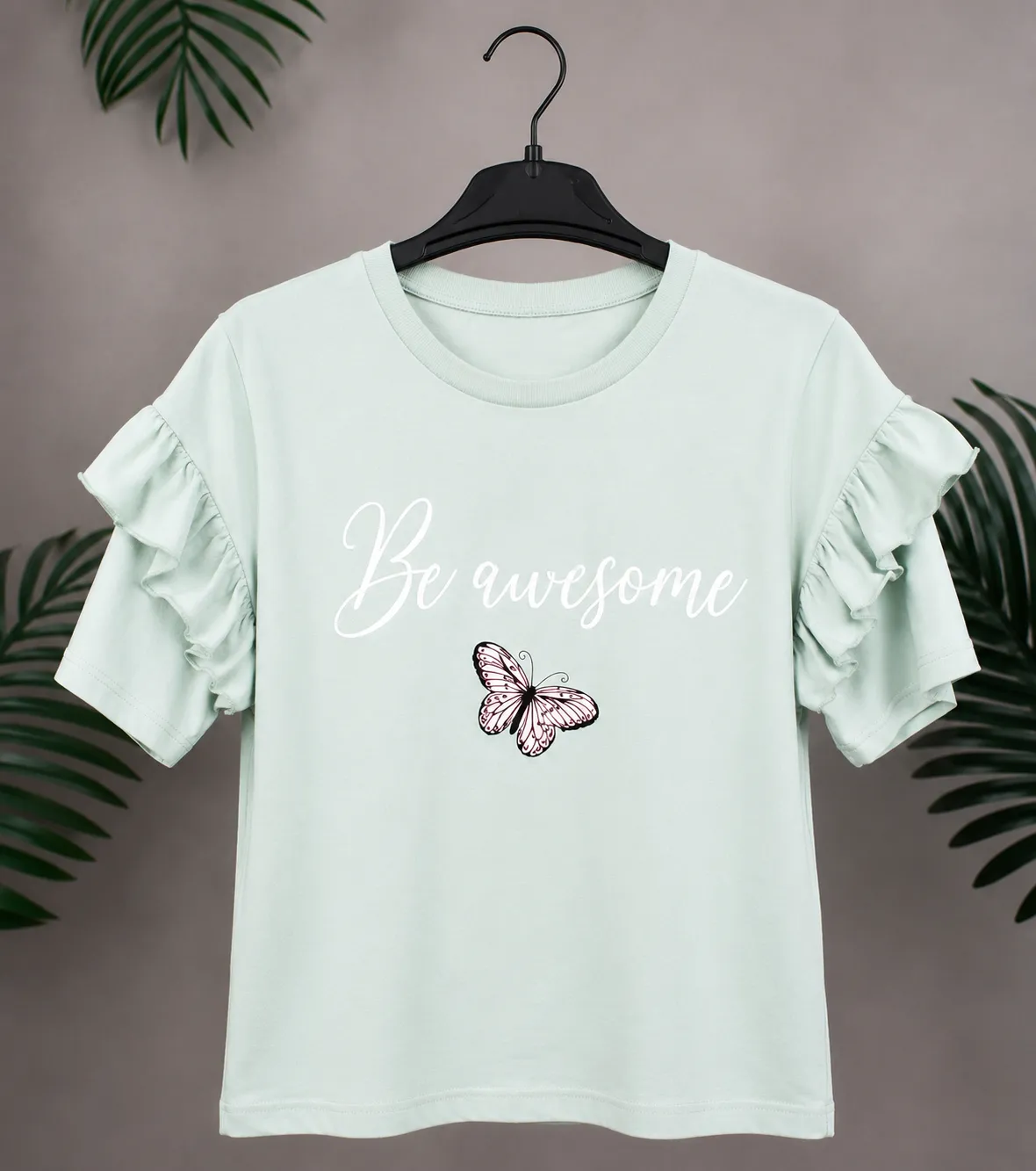 دي إم بي تيشيرت بناتي بأكمام مكشكشة – بطباعة "Be Awesome" مع فراشة – كم قصير – أخضر نعناعي