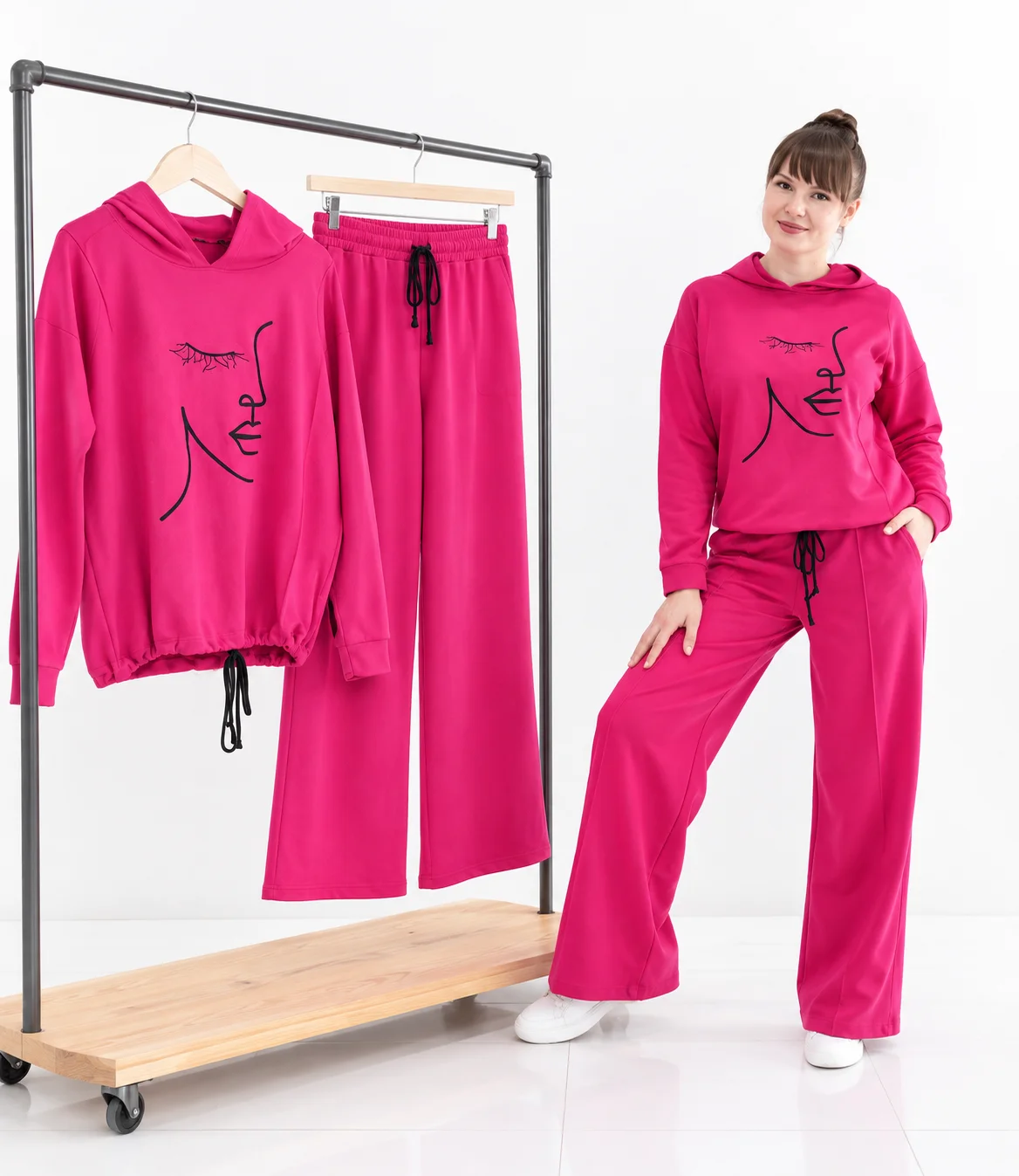 Poncik - Women’s Two-Piece Hooded Top & Pants Set with Face Line Art Print, pink color option