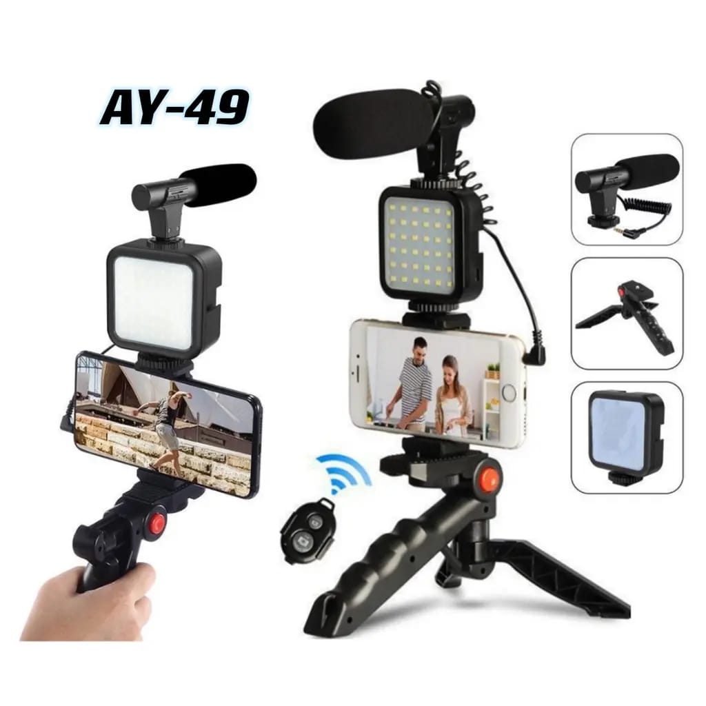 Video Making Kit | Vlogging Tripod with LED Light and Microphone | Portable & Professional -AY-49