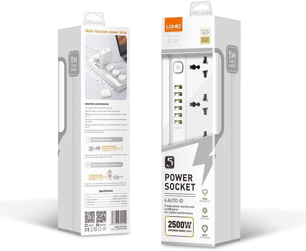 LDINO 05 Sockets & 06 USB Extension Code with UK Plug- 2m
