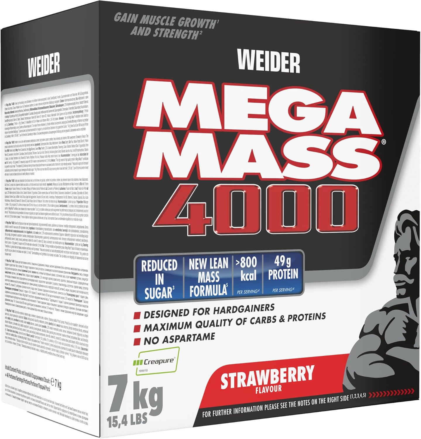 Weider mega mass 4000 weight gainer shake with protein and creatine, strawberries