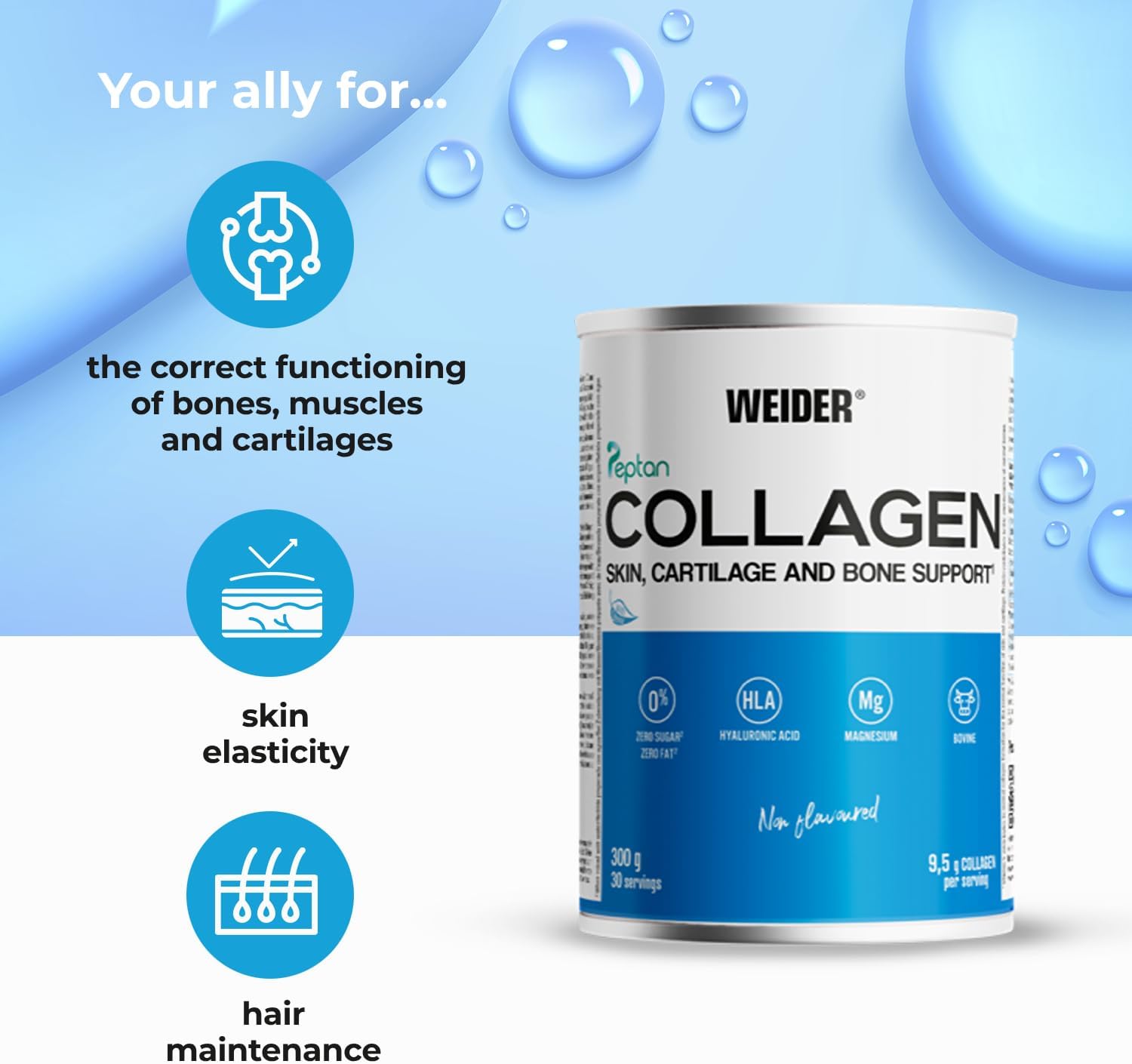 Weider Collagen, Weider Collagen. With Hyaluronic Acid, Magnesium and Vitamin C. 100% Peptan. Zero fat. Sugar zero. Keto. 300g