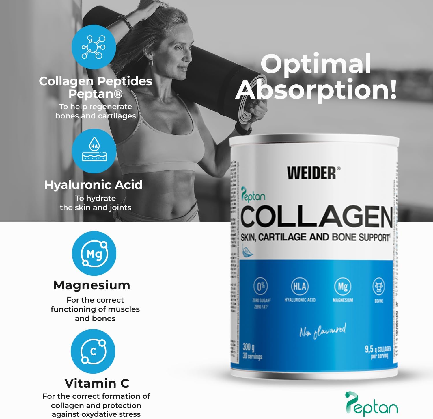 Weider Collagen, Weider Collagen. With Hyaluronic Acid, Magnesium and Vitamin C. 100% Peptan. Zero fat. Sugar zero. Keto. 300g