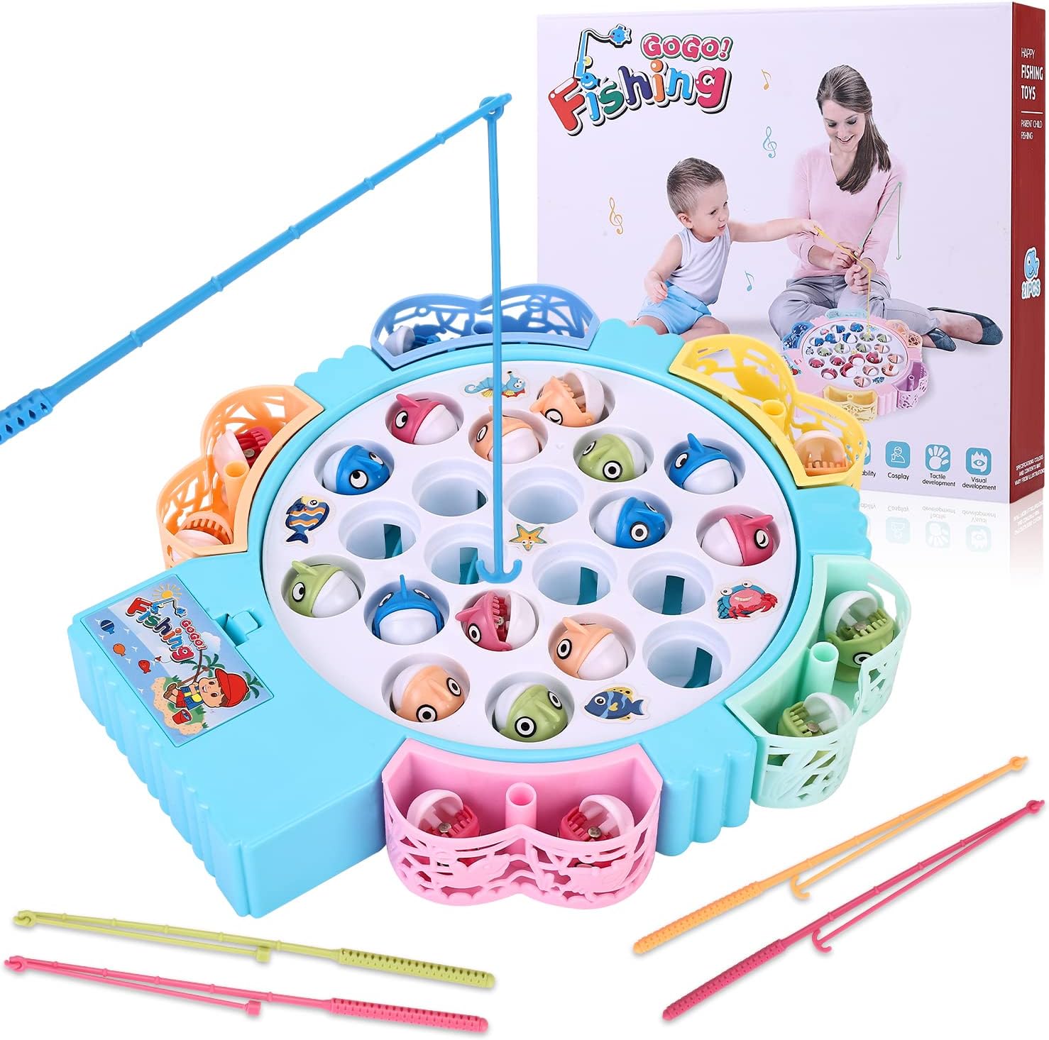 Magnetic Fishing Games, Spinning Board Game with Music Includes 21 Fish and 5 Fishing Poles