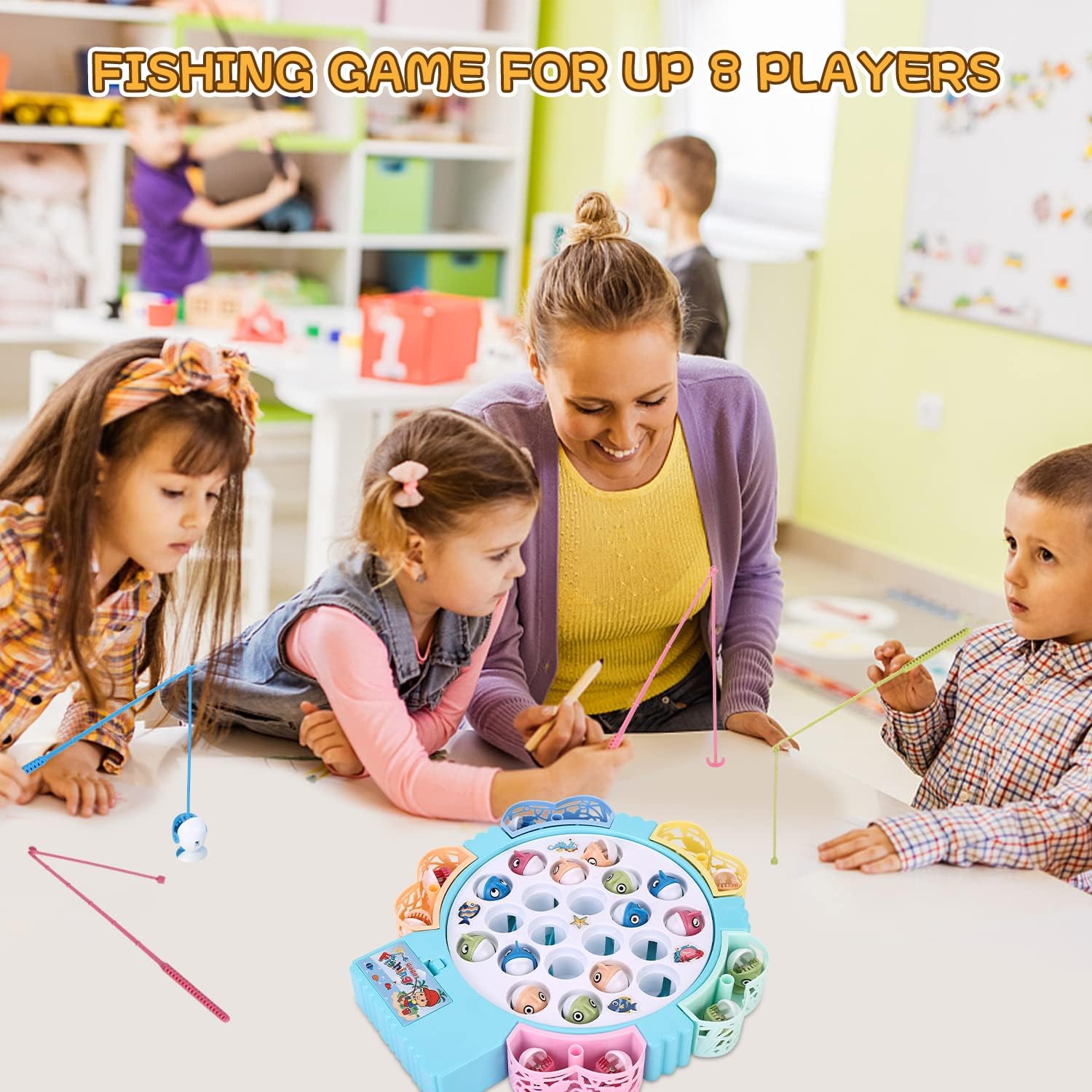 Magnetic Fishing Games, Spinning Board Game with Music Includes 21 Fish and 5 Fishing Poles