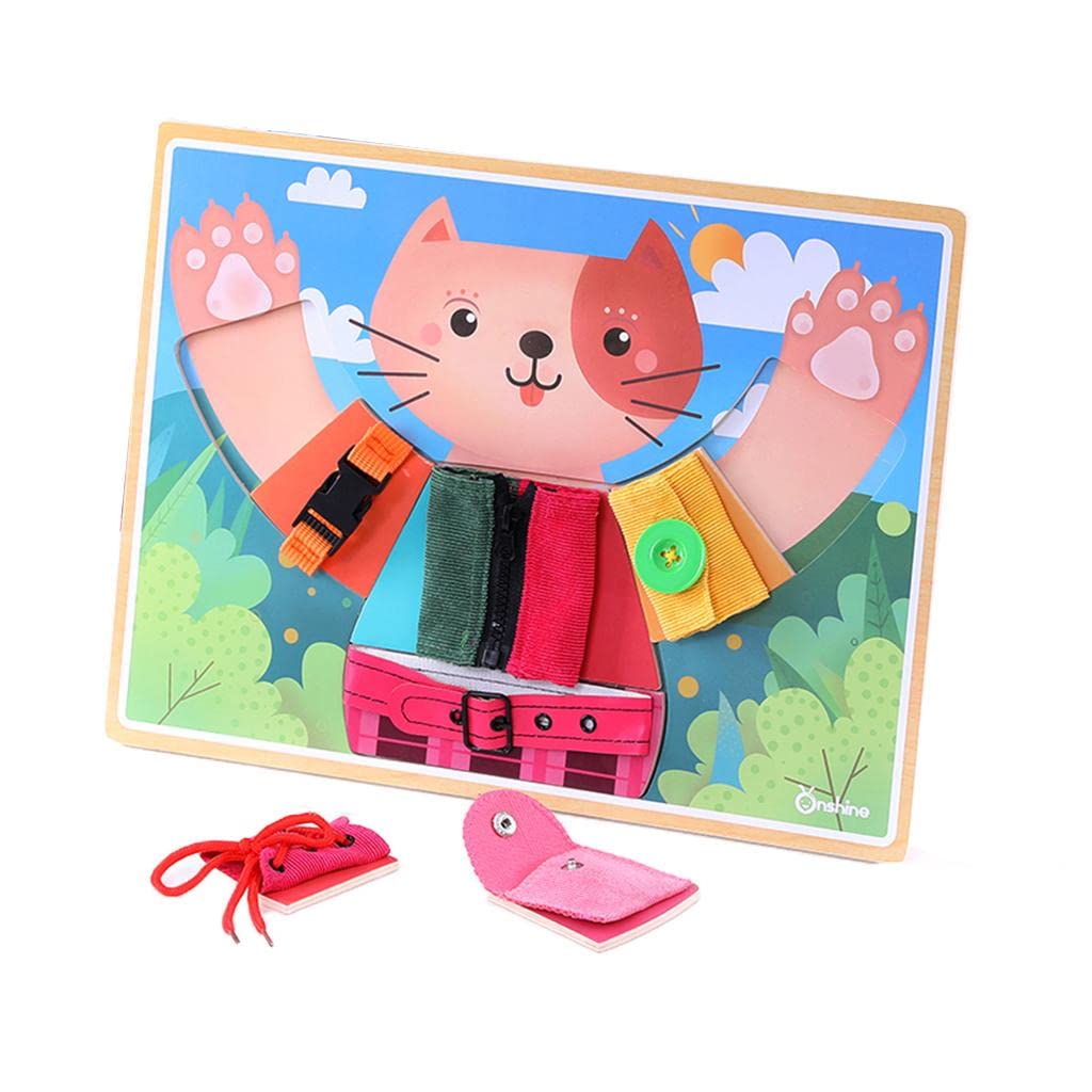 6 in 1 Montessori Learn to Dress Boards Early Basic Life Skills Training Cat Board Toys - Zip, Snap, Button, Buckle, Lace & Tie Baby Kids Educational