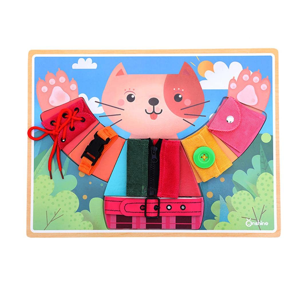 6 in 1 Montessori Learn to Dress Boards Early Basic Life Skills Training Cat Board Toys - Zip, Snap, Button, Buckle, Lace & Tie Baby Kids Educational